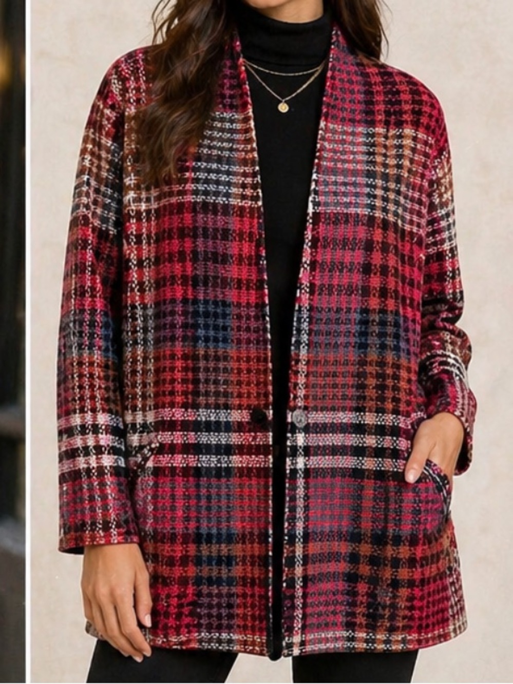 Rachel Zoe Plaid Wool Blend Open Front Coatigan Jacket Size Large Multicolor